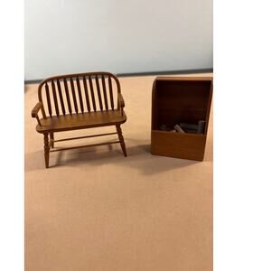 VTG Miniature Dollhouse Furniture Wood Spindle Settee Chair Wood Box Logs 1:12